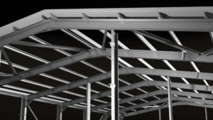 3D Render of Cold Rolled Steel Framed Building under construction, steel roof purlins and rafters