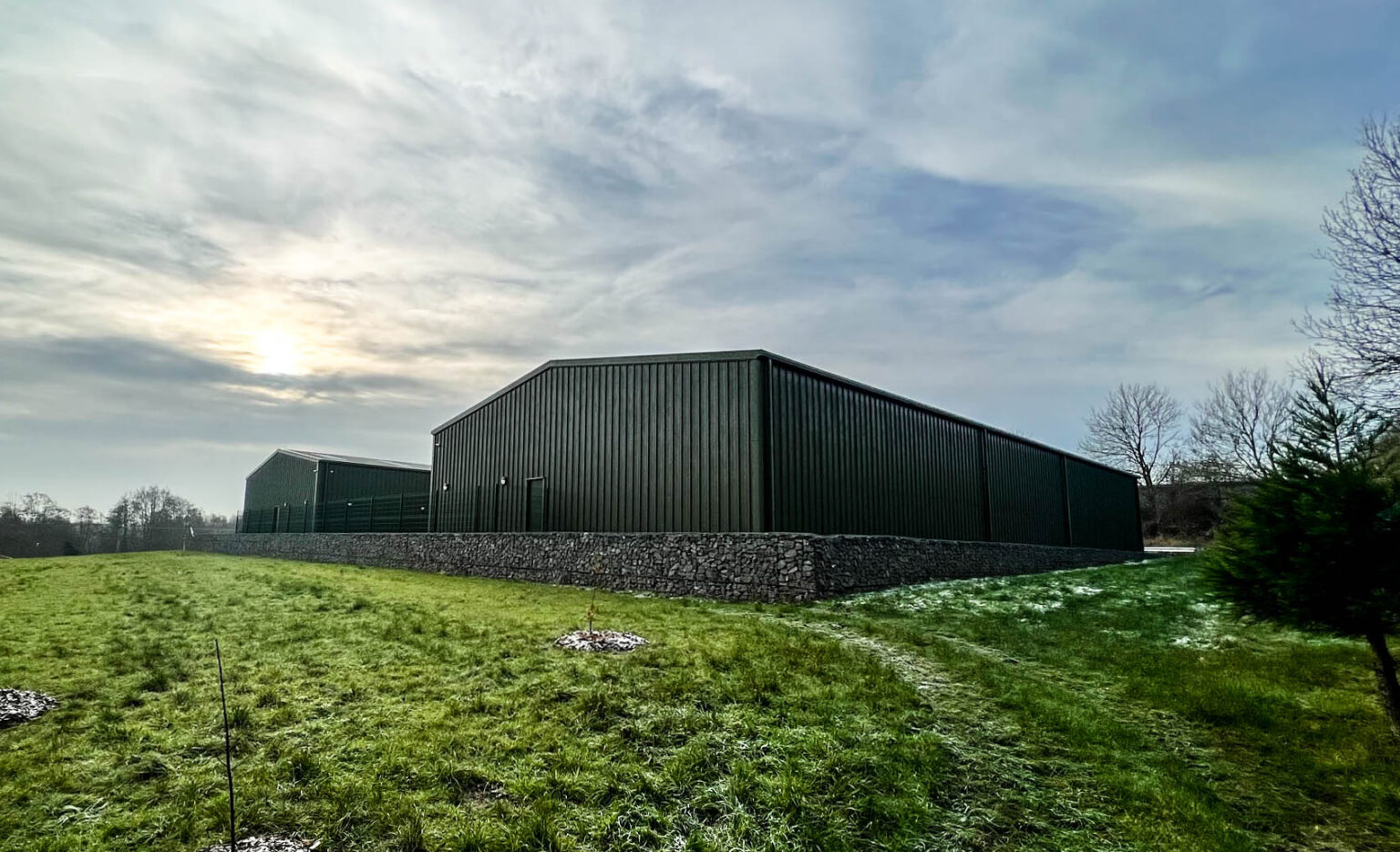 2 Large Green Steel Building with Gabion baskets