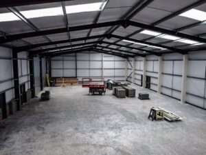 The internal view of a Steel Framed Building which is to be used as a workshop, warehouse & MOT building