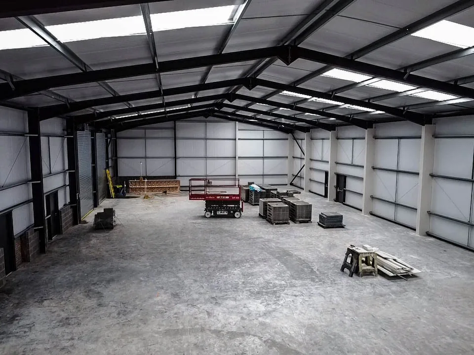 The internal view of a Steel Framed Building which is to be used as a workshop, warehouse & MOT building