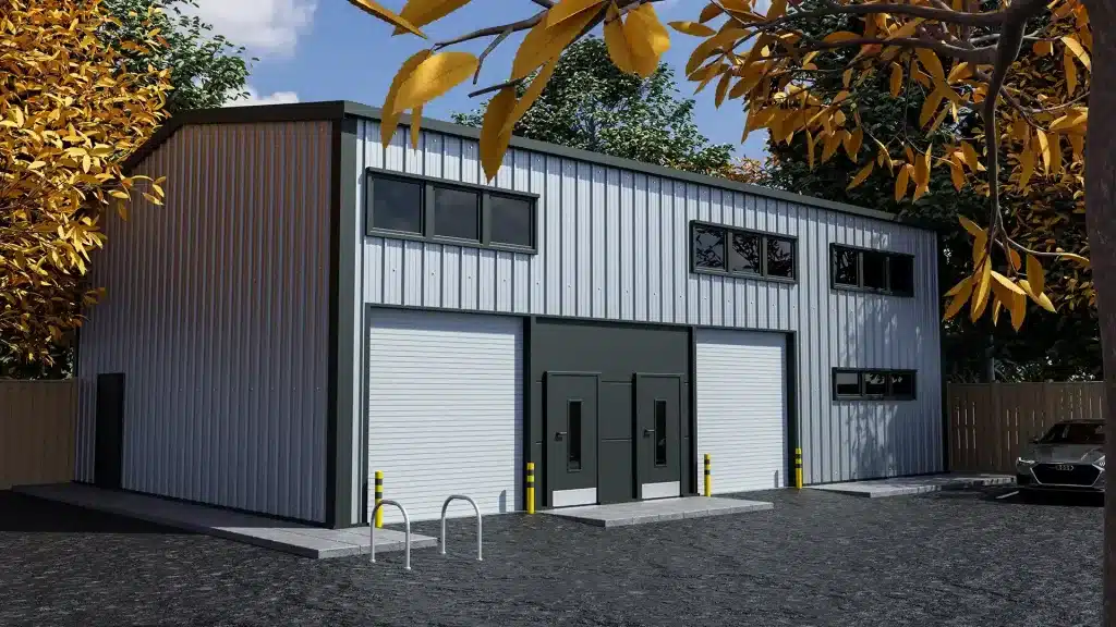 3D Render of stylistic business units with white roller doors and Grey cladding