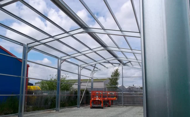 Construction of a Steel Framed Building being installed near Leeds by Springfield Steel Buildings. The next phase would be the installation of the Kingspan roof and wall cladding.